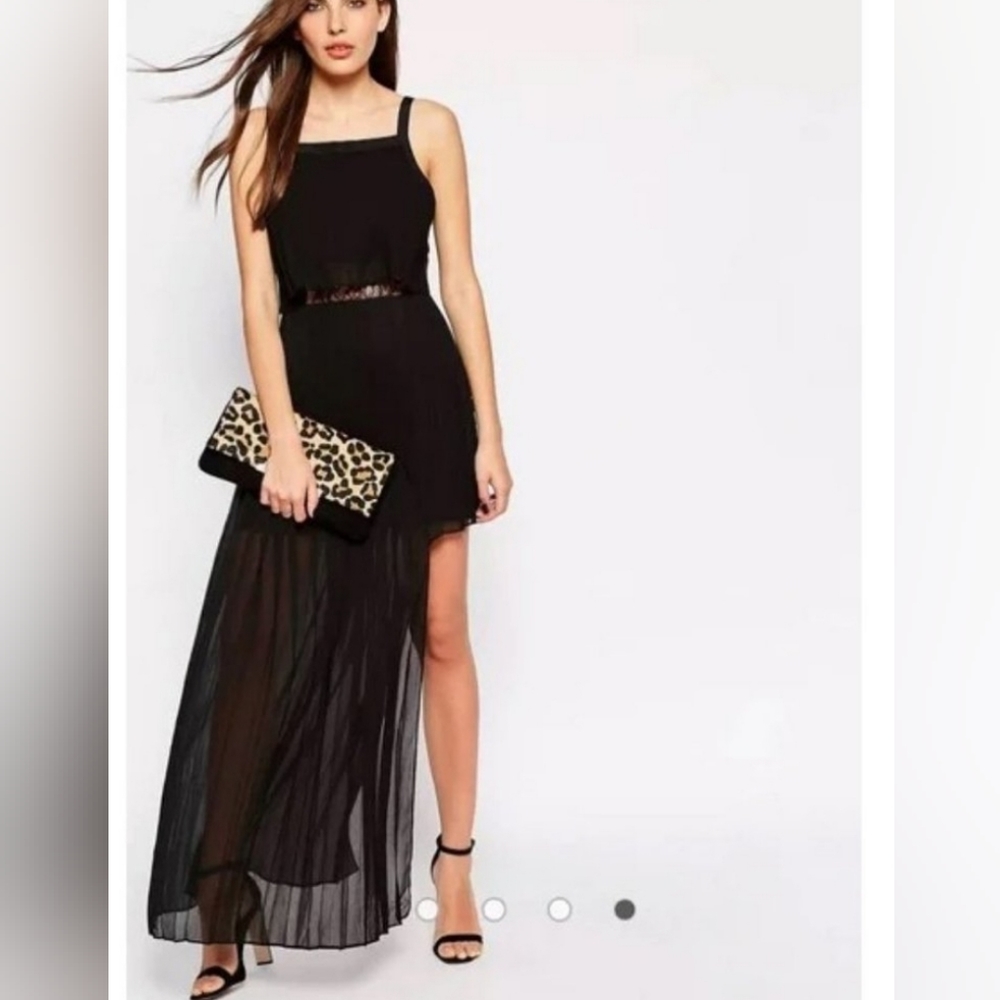 BCBGeneration Asymmetrical Pleated Sheer & Lace dress